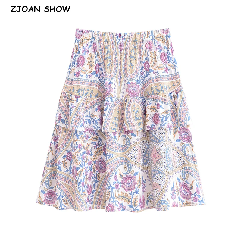 BOHO Kontrastowy kolor Kwiatowy nadruk Spódnica do kolan Spliced Ruched Ruffle Hem Damska elastyczna talia A-line Swing Skirt Holiday