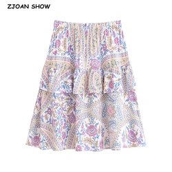 BOHO Contrast Color Flower Print Knee length Skirt Spliced Ruched Ruffle Hem Women Elastic Waist A-line Swing Skirt Holiday