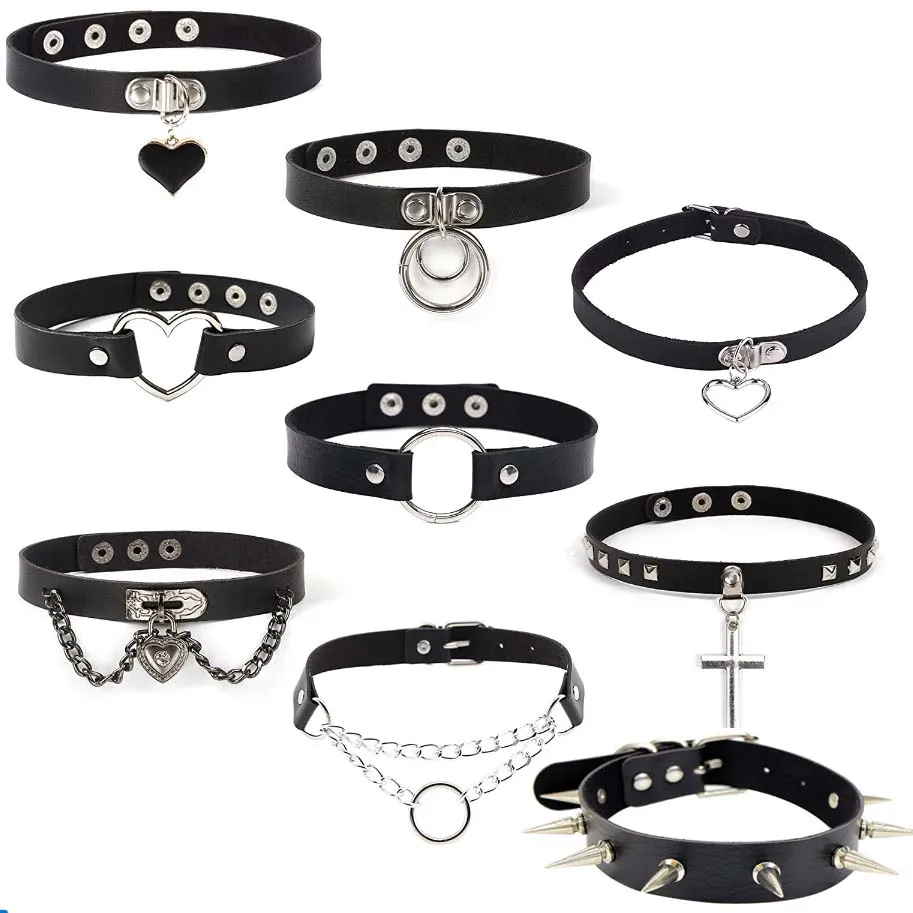 Frau Schwarz Fledermaus Punk Halsband Halskette Sexy PU Leder Herz Lock Schlüssel Spike Gothic Cosplay Zubehör Partei Schmuck Neue – Detail 1