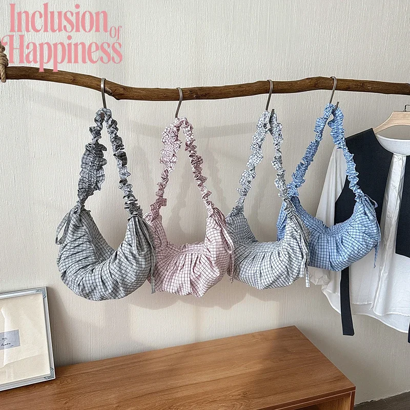 Korean Plaid Crossbody Bag Women Ruffle Strap Drawstring Crescent Shoulder Bag Casual Soft Fabric Daily Handbag 2026