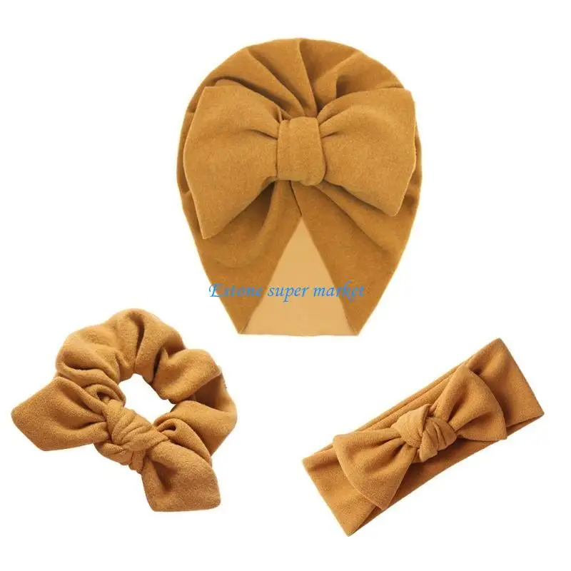 

090B 3 Pcs/Set Faux Cashmere Baby Hat Elastic Bow Headband Rabbit Bunny Ear Hair Scrunchies Bands Warm Autumn Winter