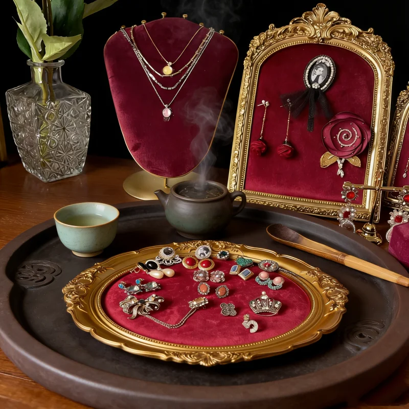 

Подставка для украшений из красного бархата, держатель для ожерелий с лотками для колец, роскошный реквизит для фотосессий и декора витрин магазинов