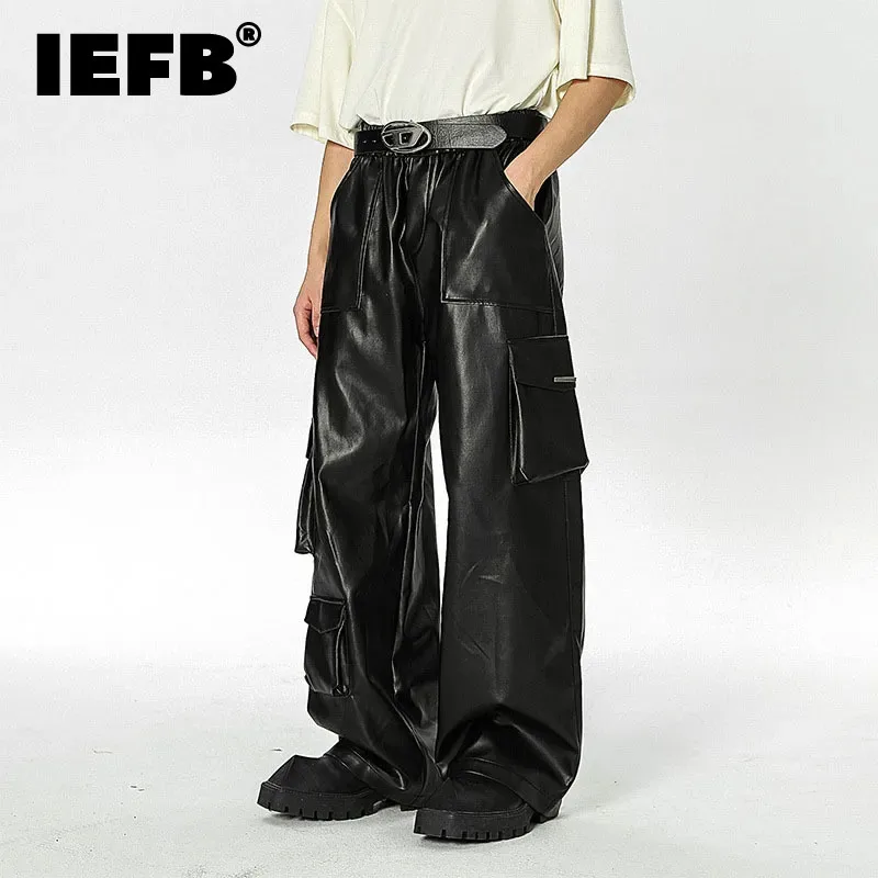 

IEFB Street Wear PU Leather Pants Men Loose Multi-Pocket Functional Style Straight Trousers Elastic Waist Autumn Fashion 9C2687