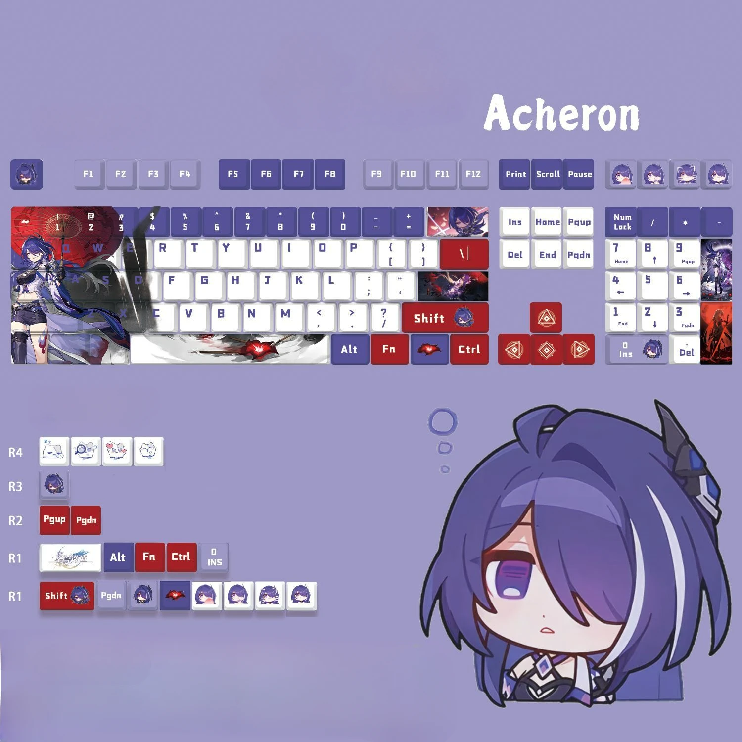 Imagem -02 - Honkai: Star Rail Acheron Pbt Keycaps Jogos de Anime Beauty Girl Key Caps Cereja Altura Faça Você Mesmo Teclados Mecânicos 128 Teclas Set