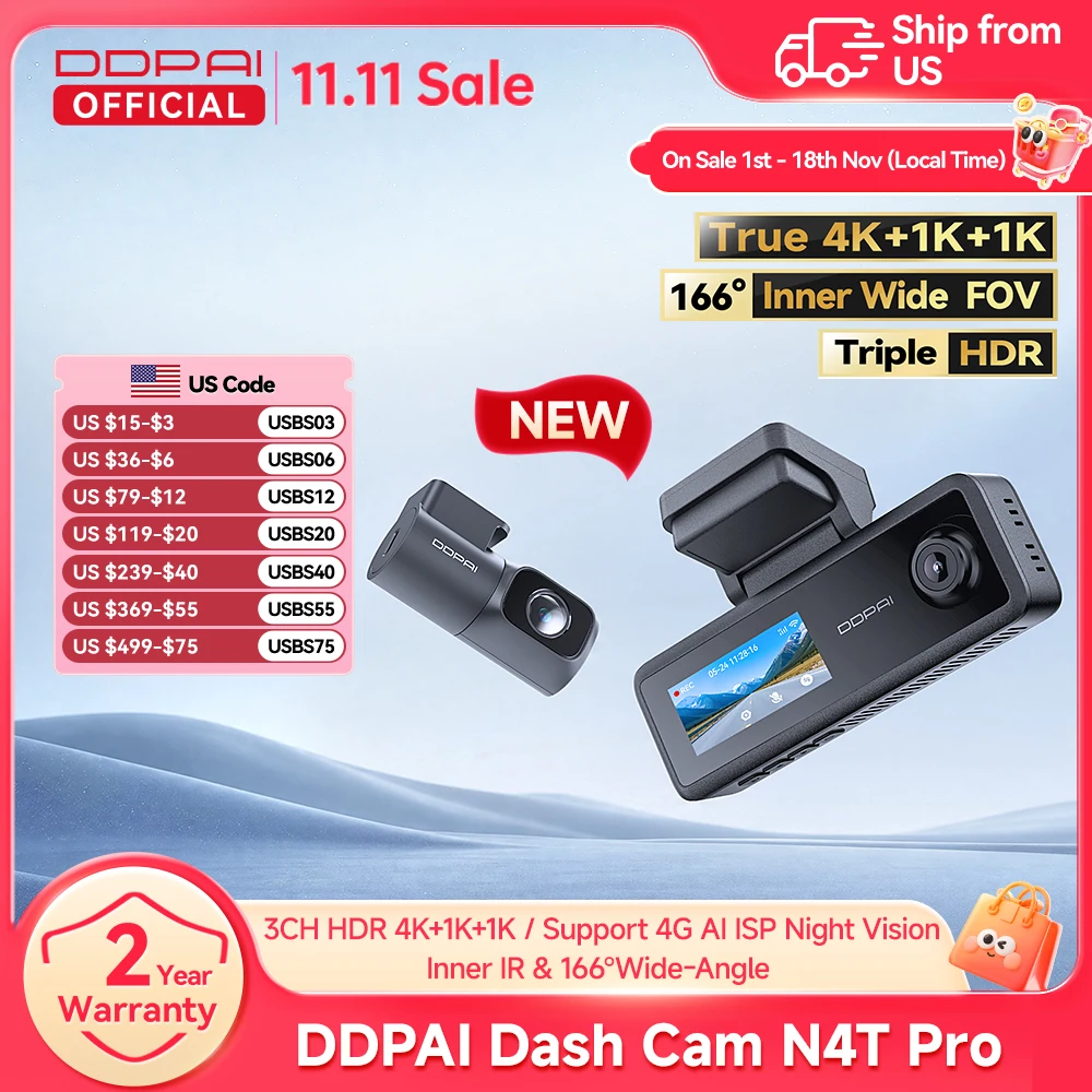 New DDPAI N4T Pro 4K+1K+1K Triple Dash Cam NightVIS 2.0 AI ISP Wi-Fi 6 ADAS GPS 4G Ready 24 7 Parking Monitoring Collision Wake Up Car DVR
