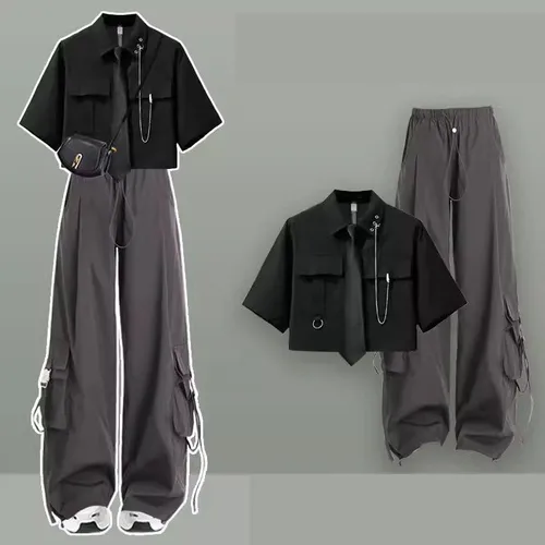 Conjunto de chándal informal a juego para niña, camisa de manga corta para Universidad coreana + pantalones Cargo deportivos de pierna ancha, traje de dos piezas, novedad de verano 2025
