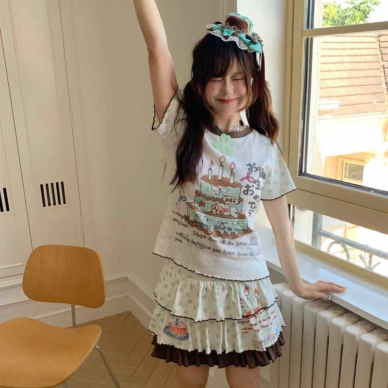 Japanese Design Brown Green Polka Dot Color Block Women's Cake Skirt New Sweet Cute Age-Reducing High Waist Mini Skirts Ladies