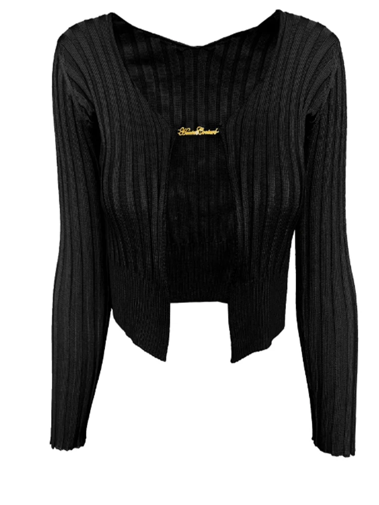 Jesienny Seksowny Sweter Rozpinany Dzianinowy Damski Y2k Złoty Metalowy Guzik Głęboki Dekolt V Długi Rękaw Krótki Top