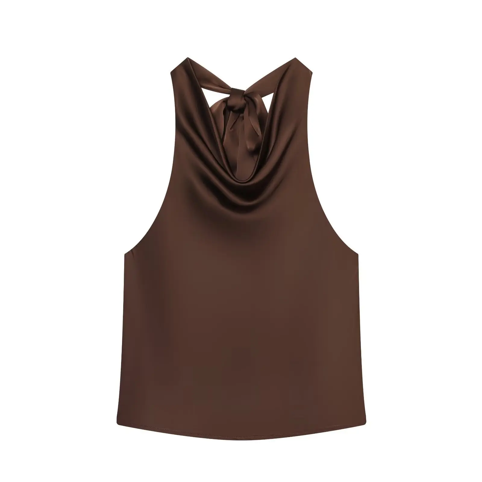 NINE ZAR Women's Sleeveless Fashion Satin Feel Hanging Neck Knot Vest Top Pure Color Loose Fit Short Length Outerwear