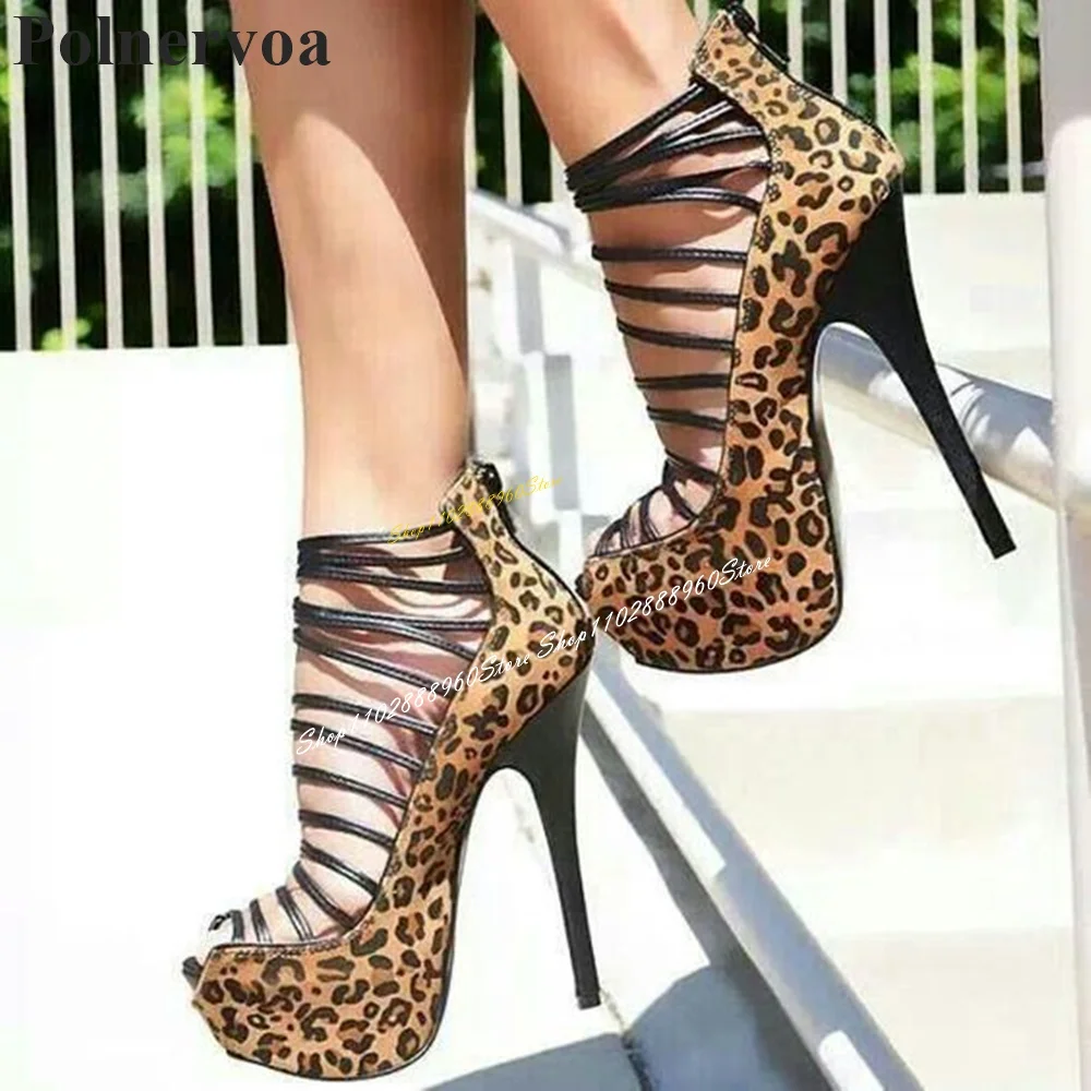 

Leopard Print Platform Strappy Pumps Thin High Heel Shoes For Women Back Zipper Pointed Toe 2024 Fashion Zapatos Para Mujere