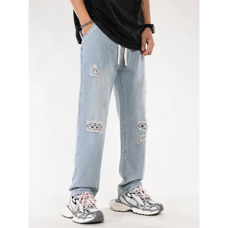 2024 New Korean Men's Casual Long Jeans Classic Man Straight Denim Wide-leg Pants Solid Color Light Blue Grey Black 3XL