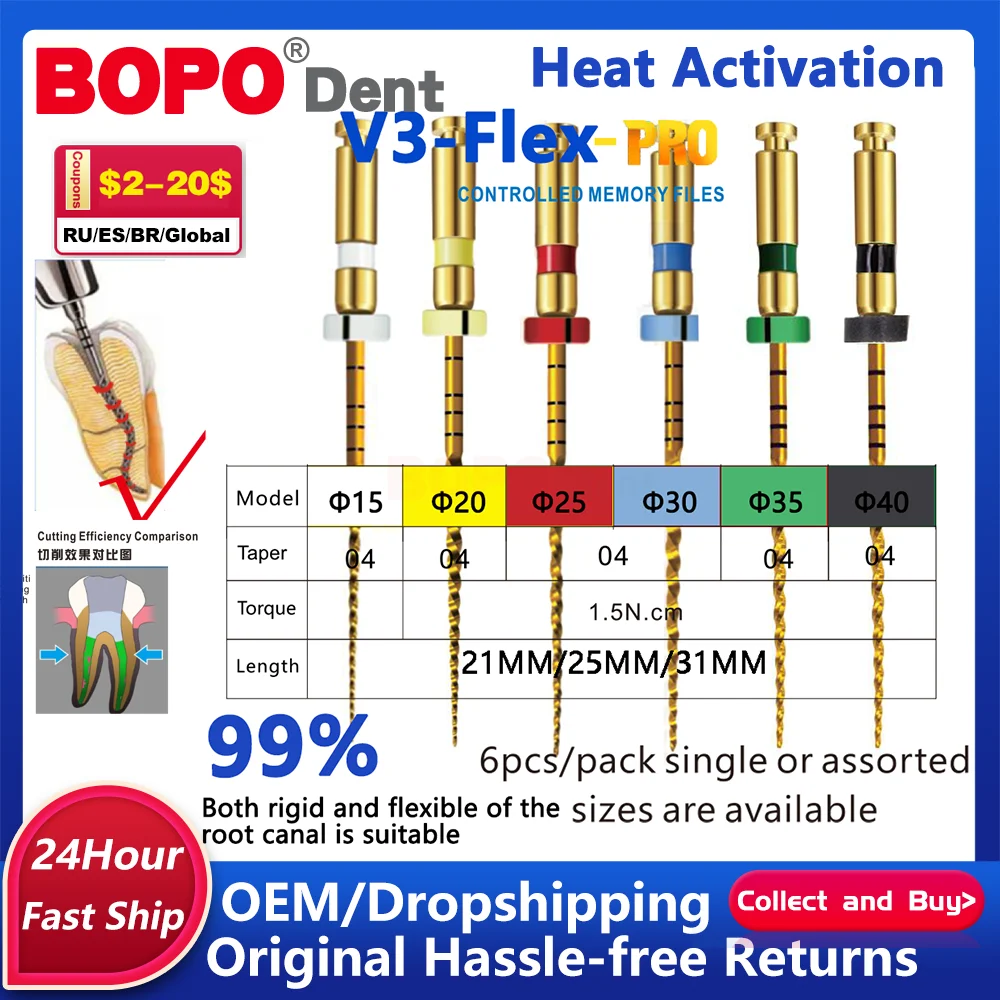 

E-FLEX Стоматологические файлы корневых каналов, термоактивированные роторные нитиноловые файлы для зубной целлюлозы, термоактивированные, никель-титан, эндо, золотой, синий