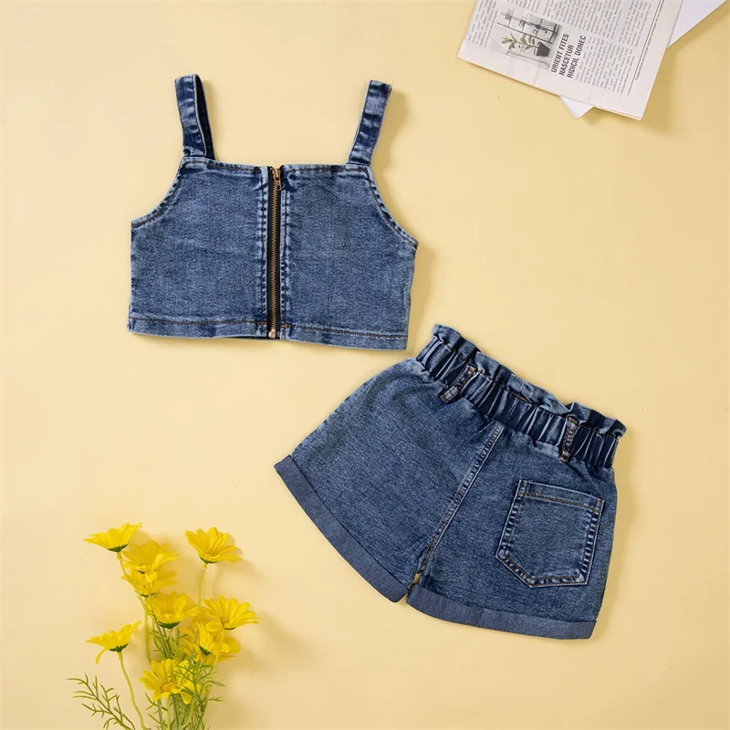 2-teiliges Hosen-Set für kleine Mädchen, Sling, einfarbig, zum Binden, mit Reißverschluss, bauchfreies Leibchen, Rüschen, kurze Jeanshosen, Mädchen-Sommer-gemütlicher Outfit-Anzug