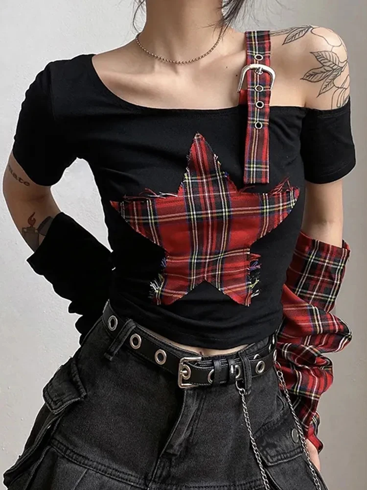 Zoki Hollow Out Star Y2K T Shirts Women Gothic with Sleeves Punk Tops Streetwear Design American Harajuku Patchwork Vintage Tees