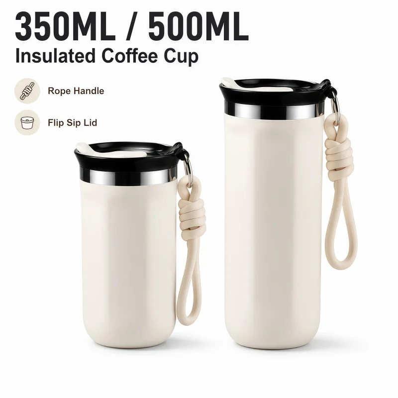 

350ML 500ML Insulated Coffee Tumbler Stainless Steel Travel Mug with Lid Rope Handle Portable Thermal Cup for Car Office