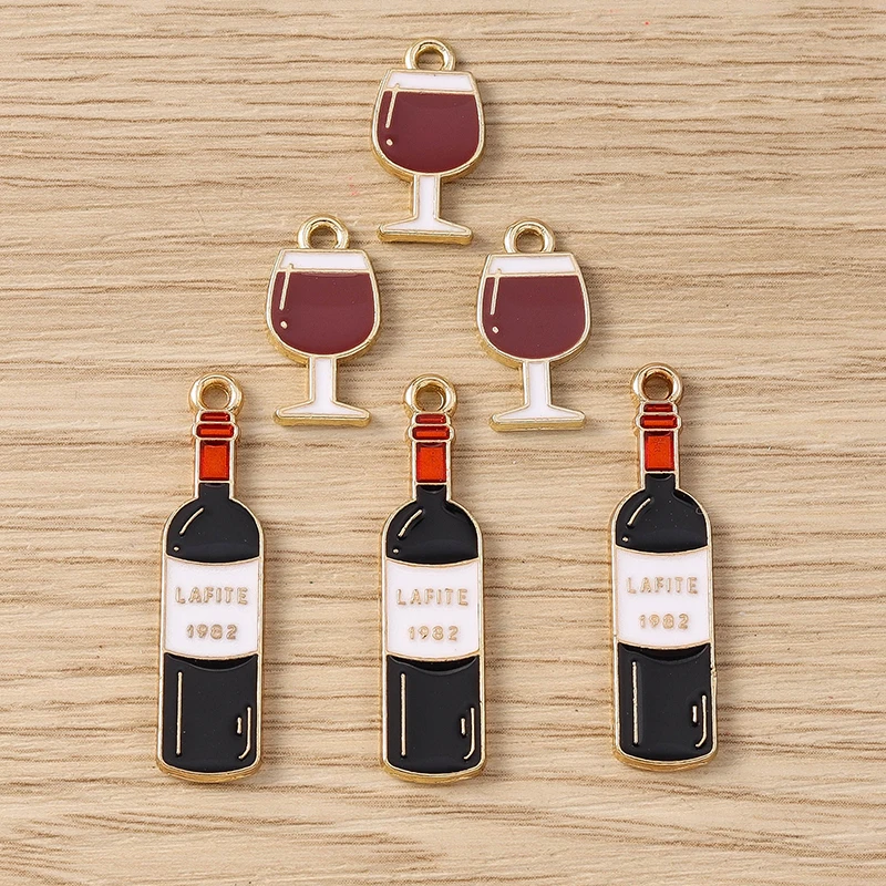 Tusember 10pcs Cute Enamel Red Wine Bottle Drinking Goblet Pendants for Jewelry Making Earrings Necklaces Bracelet DIY Supply