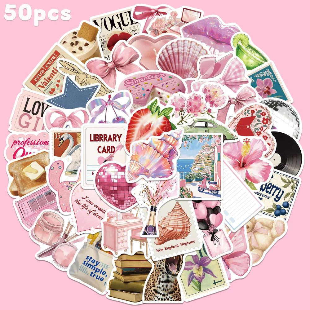 50pcs 핑크 리본 스티커 패션 귀여운 데칼 냉장고 옷장 지갑 배낭 잡지 다이어리 장식 스티커 학생 보상