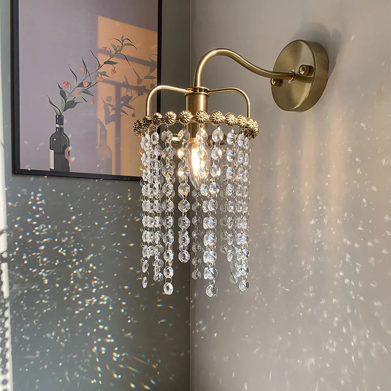 

French Retro Flowers Metal Decorative Crystal Bedside Wall Lamp American Luxury Bedroom Living Room TV Background Wall Light