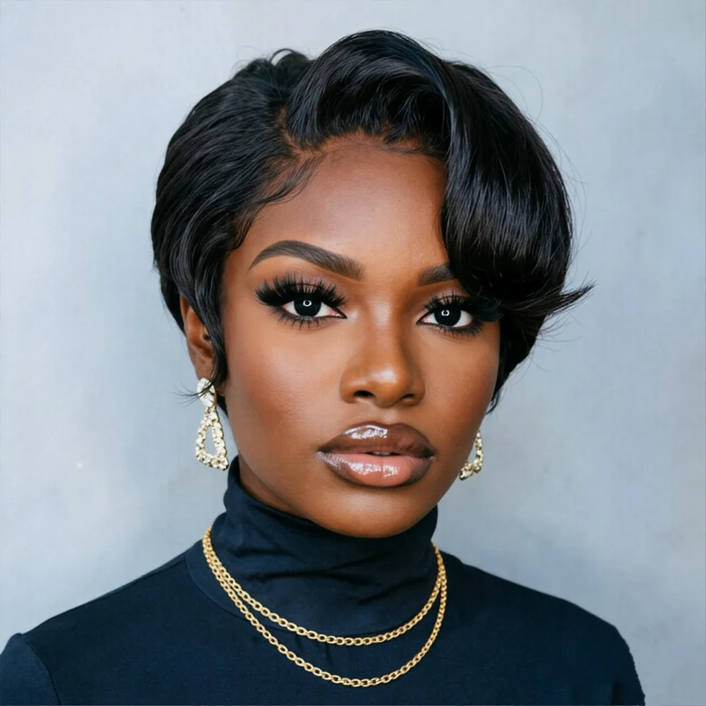 

Натуральные черные парики из человеческих волос с 150% плотностью, 6 дюймов, 13x1, с Т-образной кружевной вставкой, для женщин, короткие кудрявые парики в стиле пикси, для вечеринок.