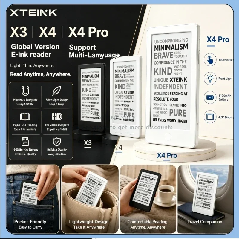 XTEINK X4Pro/X3/X4 Classic E-ink Reader Multi language Ultra Thin Portable Closed System Eye Protection Pocket E-book Reader