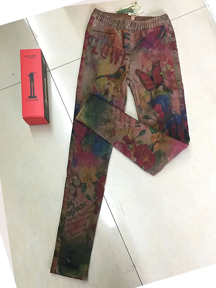 

Women's Fce Lined Slim Fit Printed Base Layer Pants Elastic Cuff Lace Splice Vintage Sle Long Trousers Autumn Faion