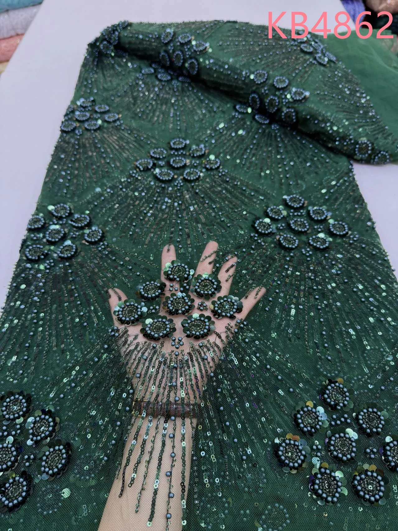 

Teal Green Beaded French Mesh Lace Fabric Beads African Lace Fabrics Nigerian Mesh Lace Fabric Sequence For Wedding KB4862