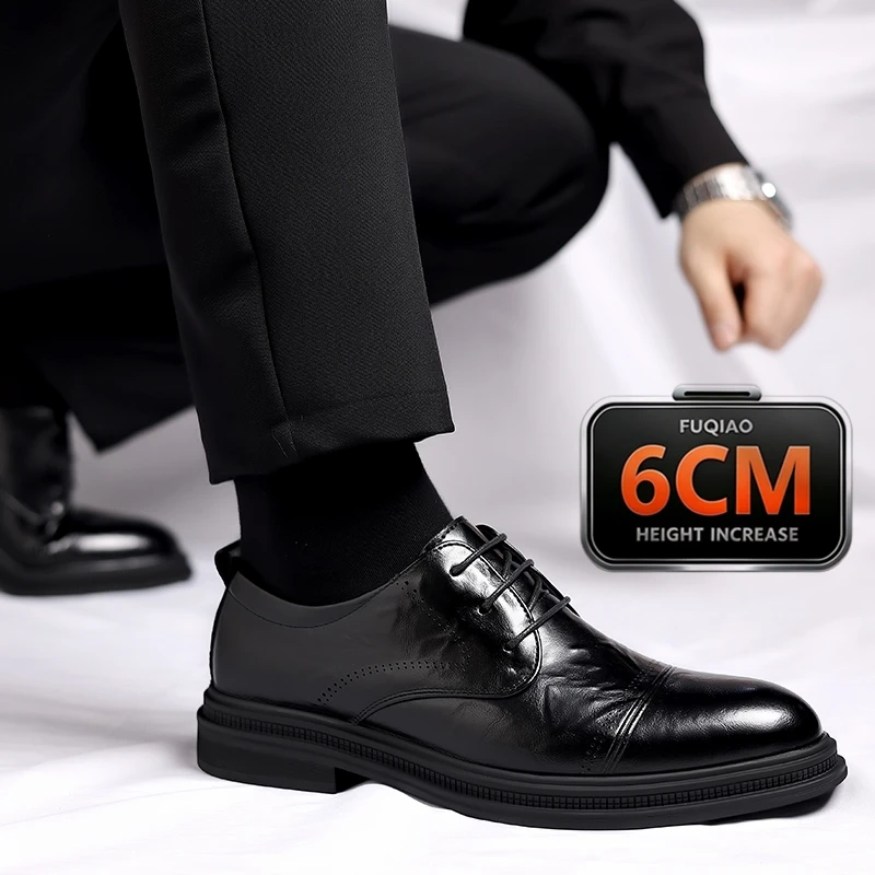 Men Formal Leather Oxford Elevator Shoes Flat/6CM Hidden Height Increasing Shoes Wedding Groom Business Office Dress Footwear