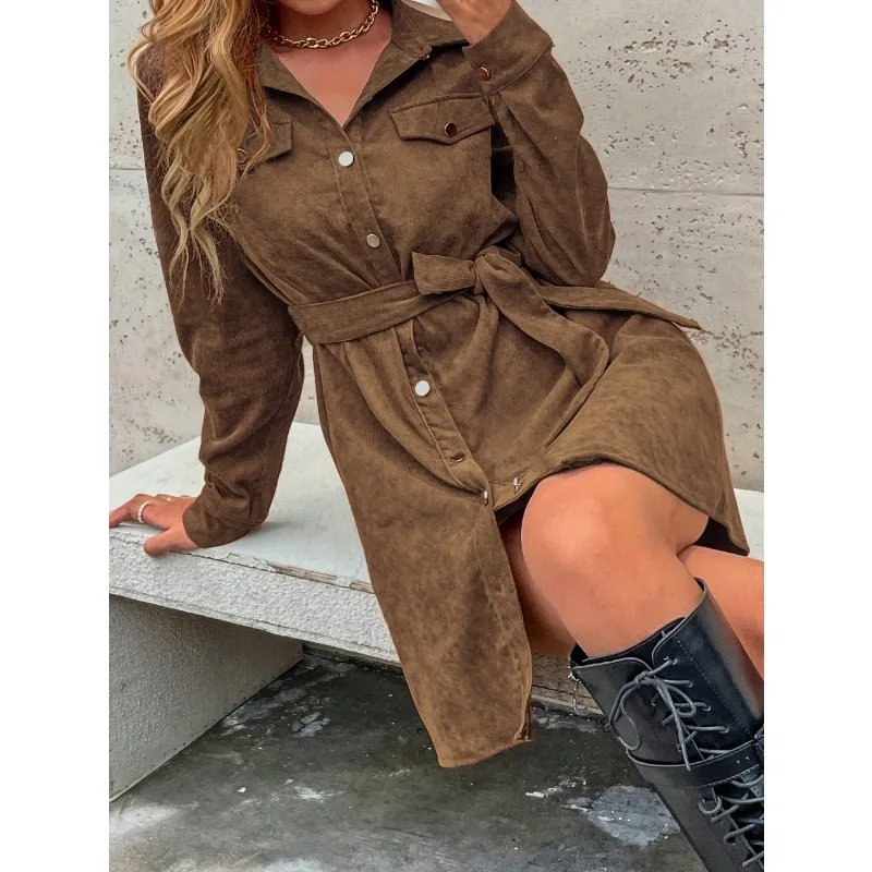 

Autumn Winter Women's Jackets Solid Color Dresses Fashion Elegant Long Sleeve Lapel Temperament Slim Lady Dress Windbreaker Coat