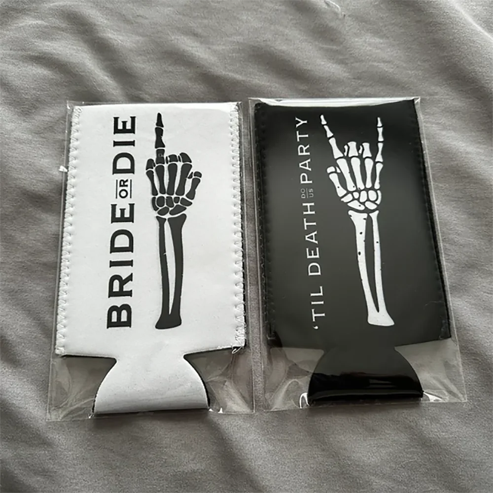 Bride or Die Goth Bachelorette Slim Can Cooler Bachelorette Gift Party Favor Skeleton Design Stubby Holder Party Supplies Favor