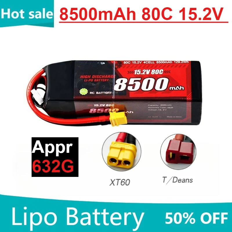 

8500mAh 80C 15.2V 4S LiPo Rechargeable Batteries for RC Car and Boat Model Climbing Model Car Replacement Battery