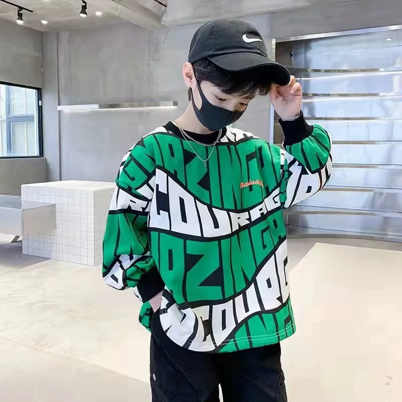 2025 New Boys' Mid-Large Spring Autumn Long Sleeve Crewneck Sweatshirt Trendy Street Style Layerable Base Layer