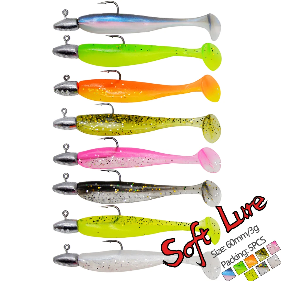 5PCS/LOT 60MM/3G Multicolor Silicone T-tail Soft Bait Jig Head Swimming Bait Swinger With Hook Swimming Bait Fixture Bass Bait