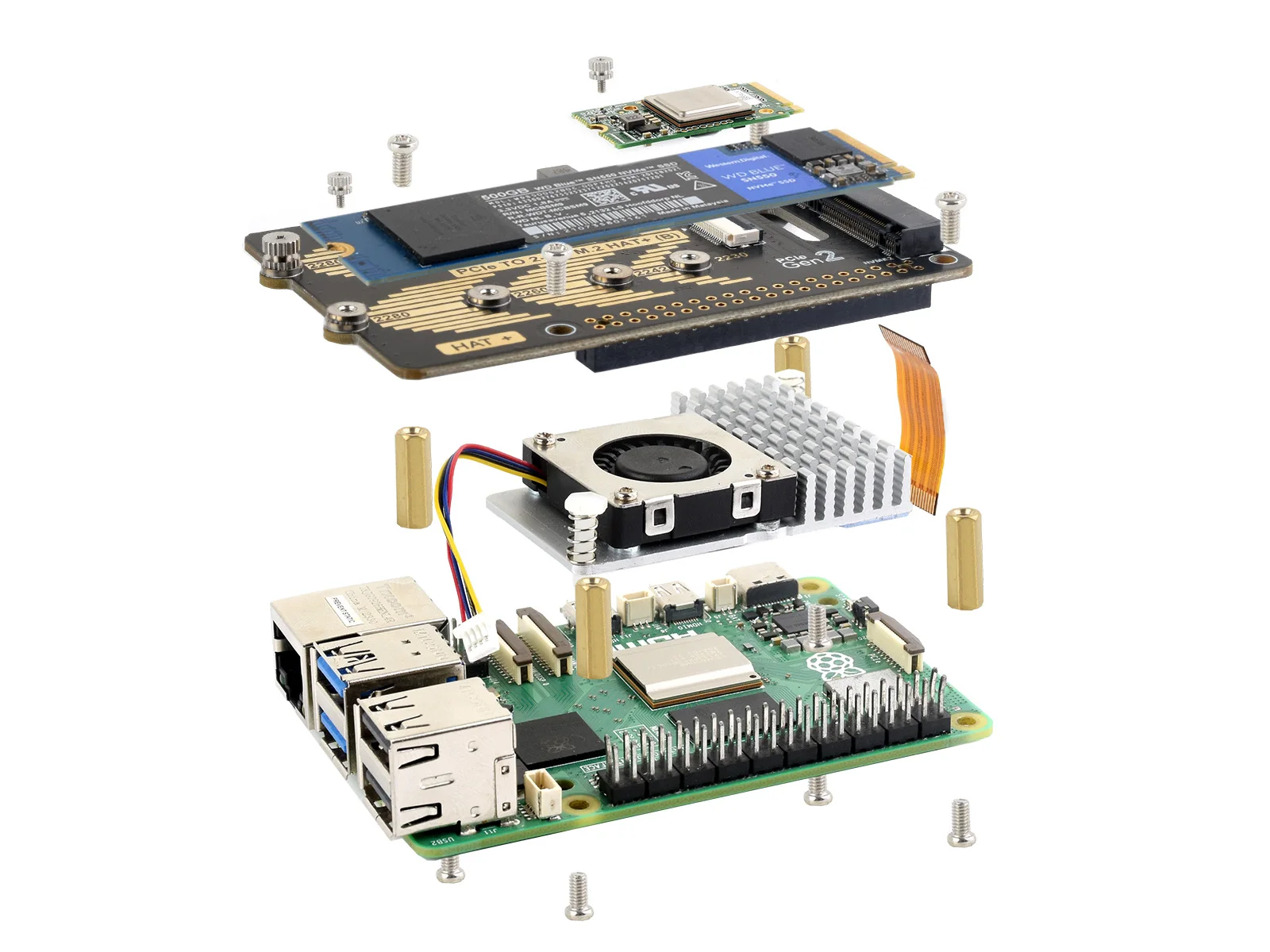 Adaptador Waveshare PCIe a M.2 de 2 canales tipo B para Raspberry Pi 5, Compatible con protocolo NVMe de tamaño 2280/2260/2242/2230 SSD M.2