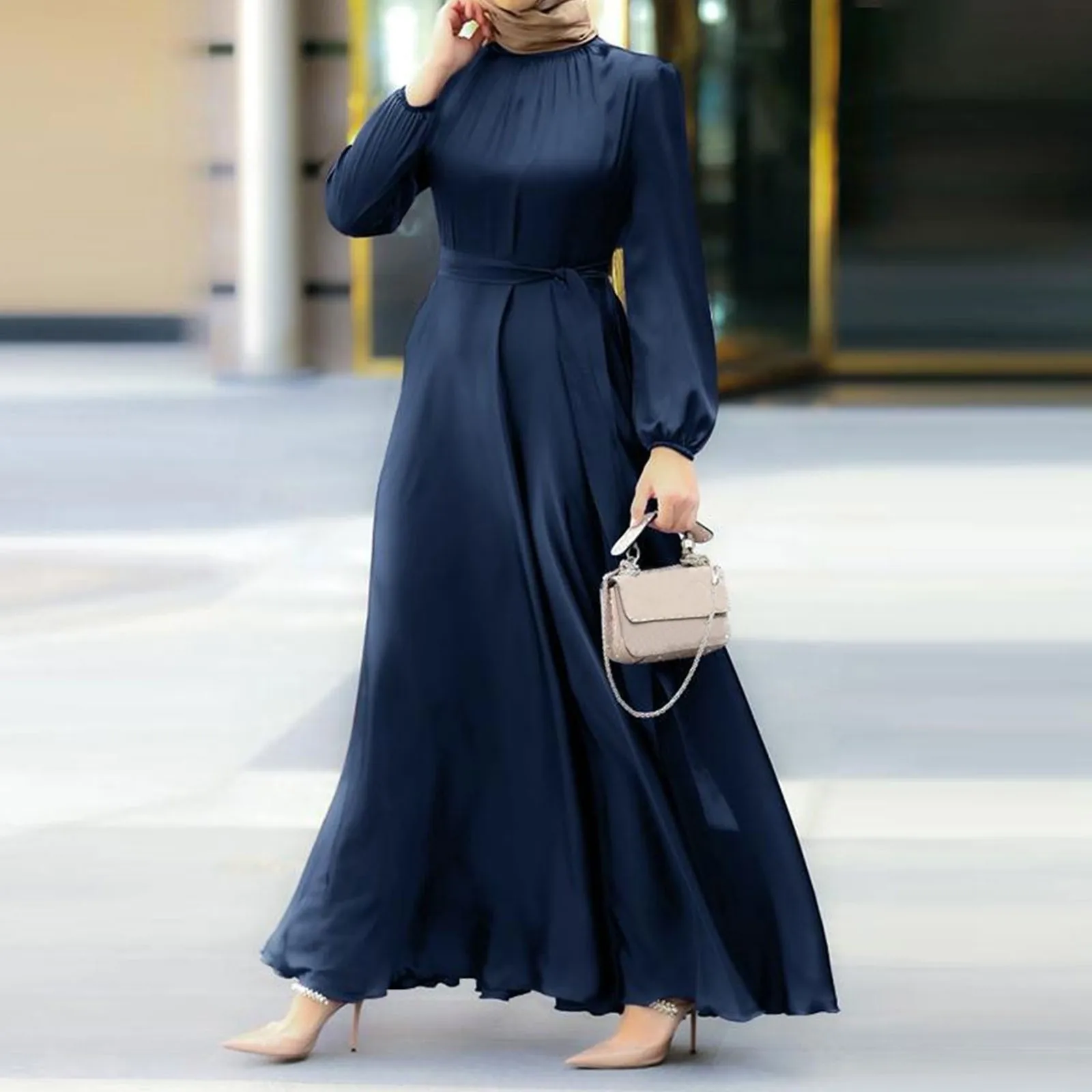 Women's Muslim Party Wear Solid ColorButton Down Casual Abaya Dress Fashion Simple Puff Sleeve Dubai Outfits Islamic Clothing