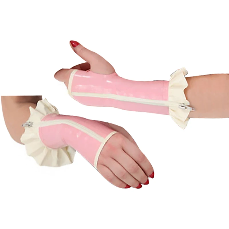 

Baby Pink And White Sexy French Maid Latex Gauntlets With Zipper and Ruffls Rubber Gloves Mittens ST-0126