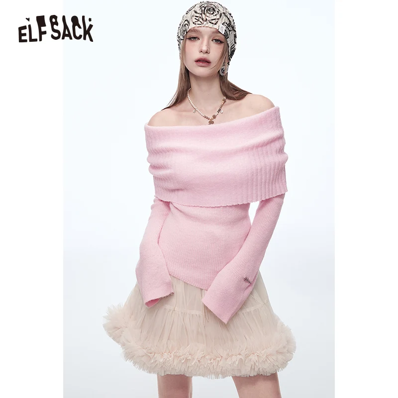 

ELFSACK 2025 Spring New Arrivals Y2K Pink Off Shoulder Knitted Pullover Women Elegant Sweet Sweater