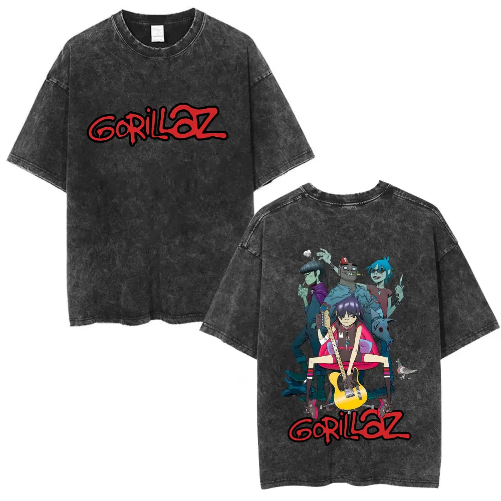 

Washed Vintage Rock Band Gorillaz Graphic T Shirts Men Women Hip Hop Gothic Pop Music T-shirts Men's High Quality Cotton T-shirt
