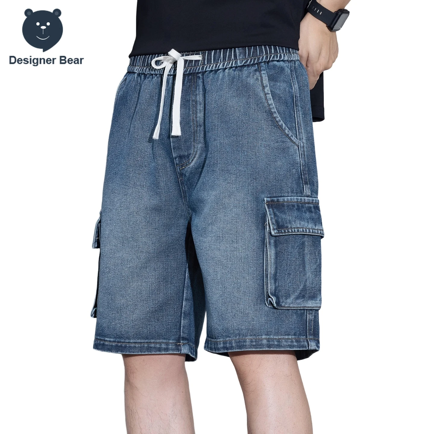 Men's Multi-Pocket Cargo Denim Shorts Summer Casual Loose Fit Elastic Waist Drawstring Jean Shorts Streetwear Fashion Shorts