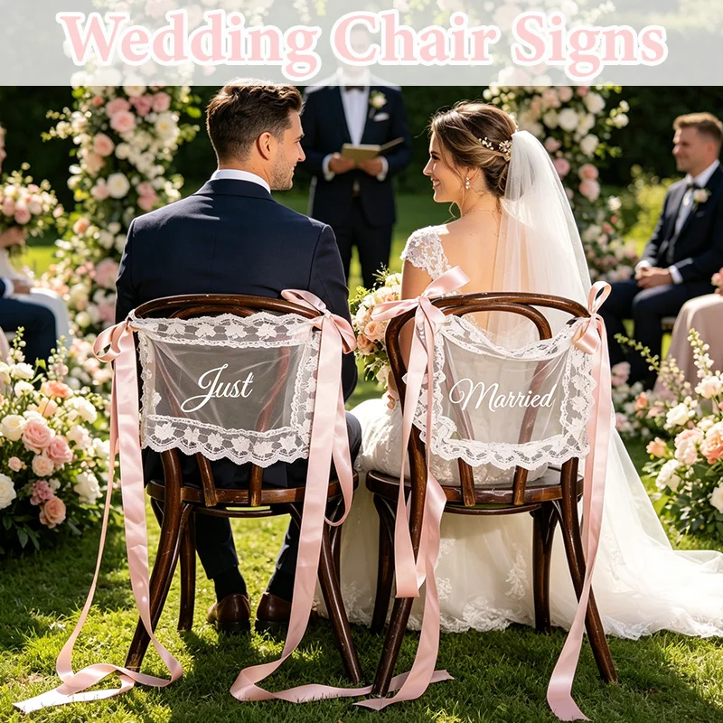 

2/4/6PCS Elegant Wedding Chair Back Decor with Sign Lace Organza Chair Sashes for Wedding Banquet Wedding Bridal Shower Supplies