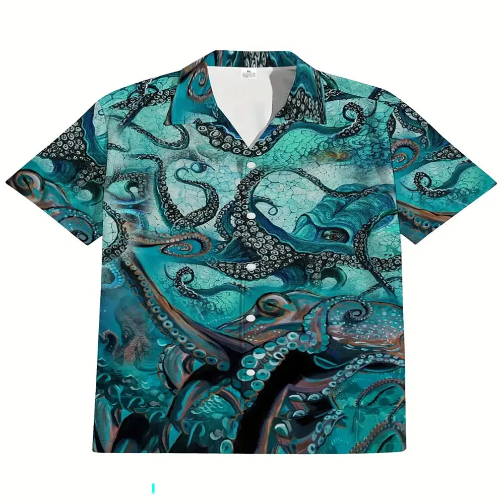 

New men's casual shirt deep sea giant octopus print summer quick dry button short sleeve casual relaxed breathable shirt