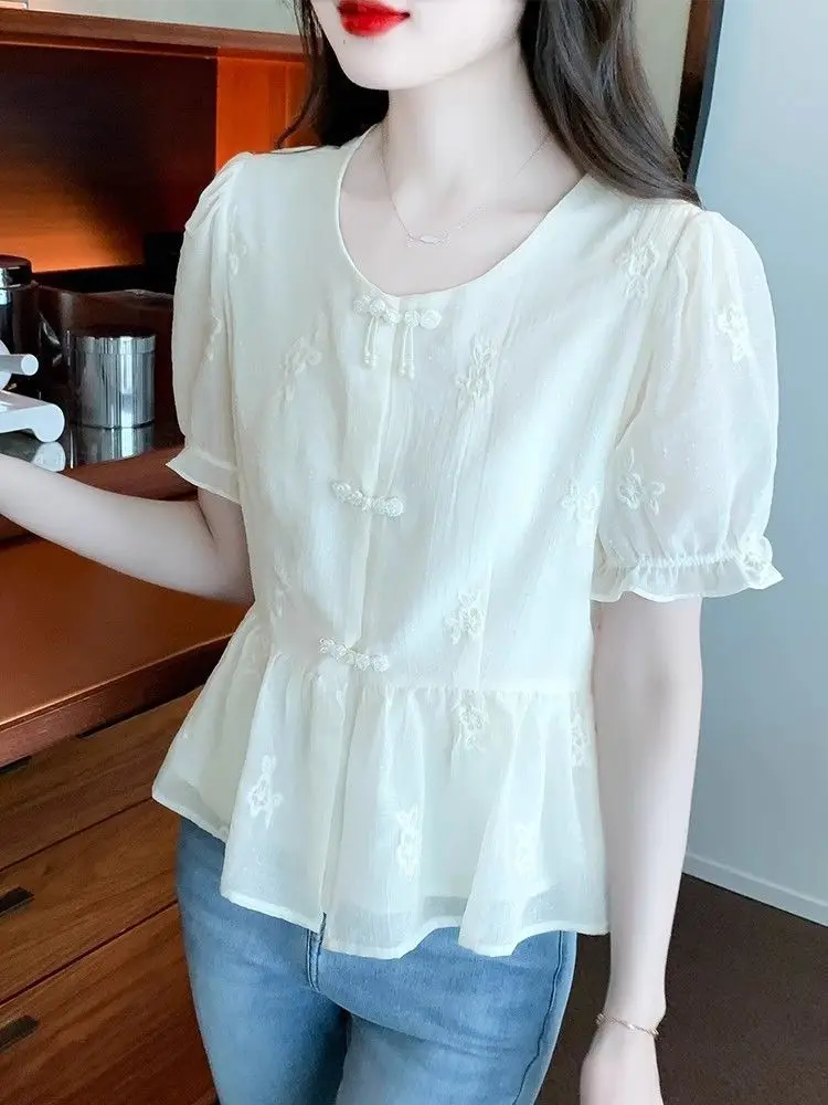 Nuova camicia in chiffon stile cinese per donna a maniche corte estiva nuova camicia con chiusura in vita