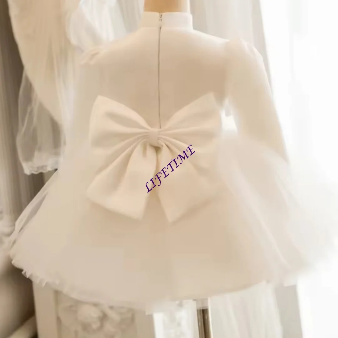 Customized White Flower Girl Dress with Long Sleeves Knee-Length Bows Princess Kids Gown for Wedding Birthday Festival Party Pag