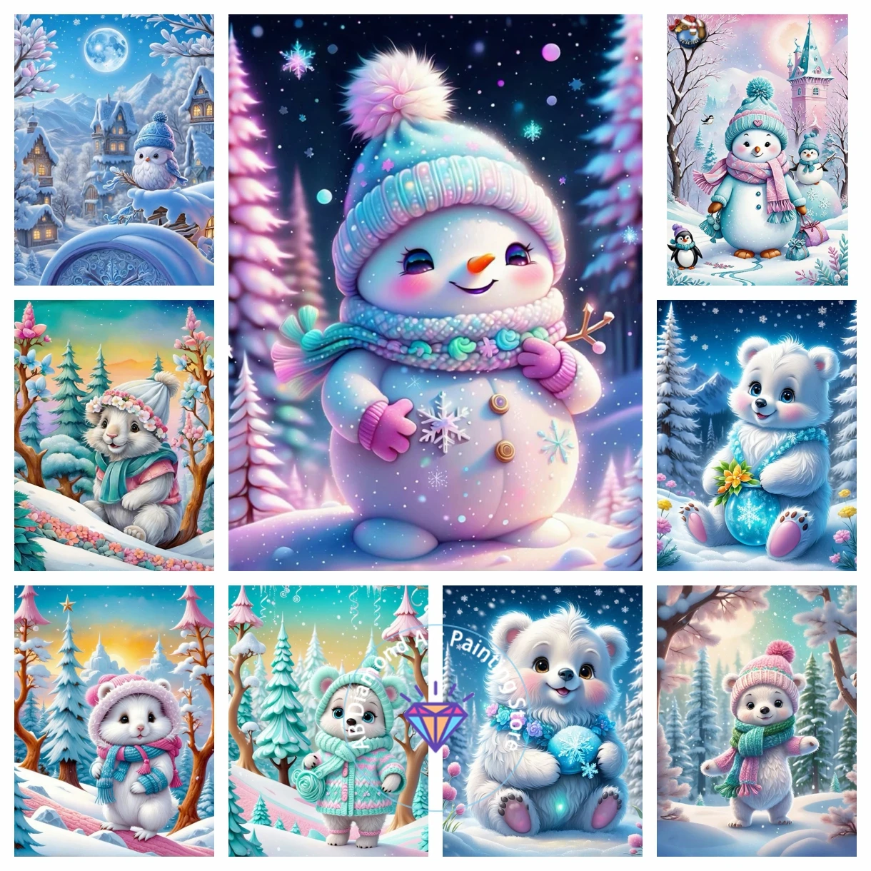 

AB Diamond Painting Bear Snow Scene Cross Embroidery Kit 5D DIY Christmas Embroidery Winter Mosaic Home Decoration Cross Stitch