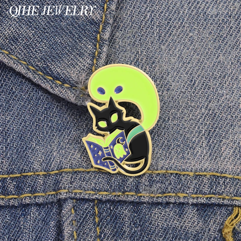 Spooky Cat and Ghost Reading a Book Hard Enamel Pins Ghost Stories Glow in the Dark Brooches Lapel Badge Punk Jewelry Gift