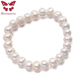 HENGSHENG-pulsera barroca de perlas naturales de agua dulce para mujer, brazalete de hilo blanco de 8-9mm, regalo de cumpleaños para niña