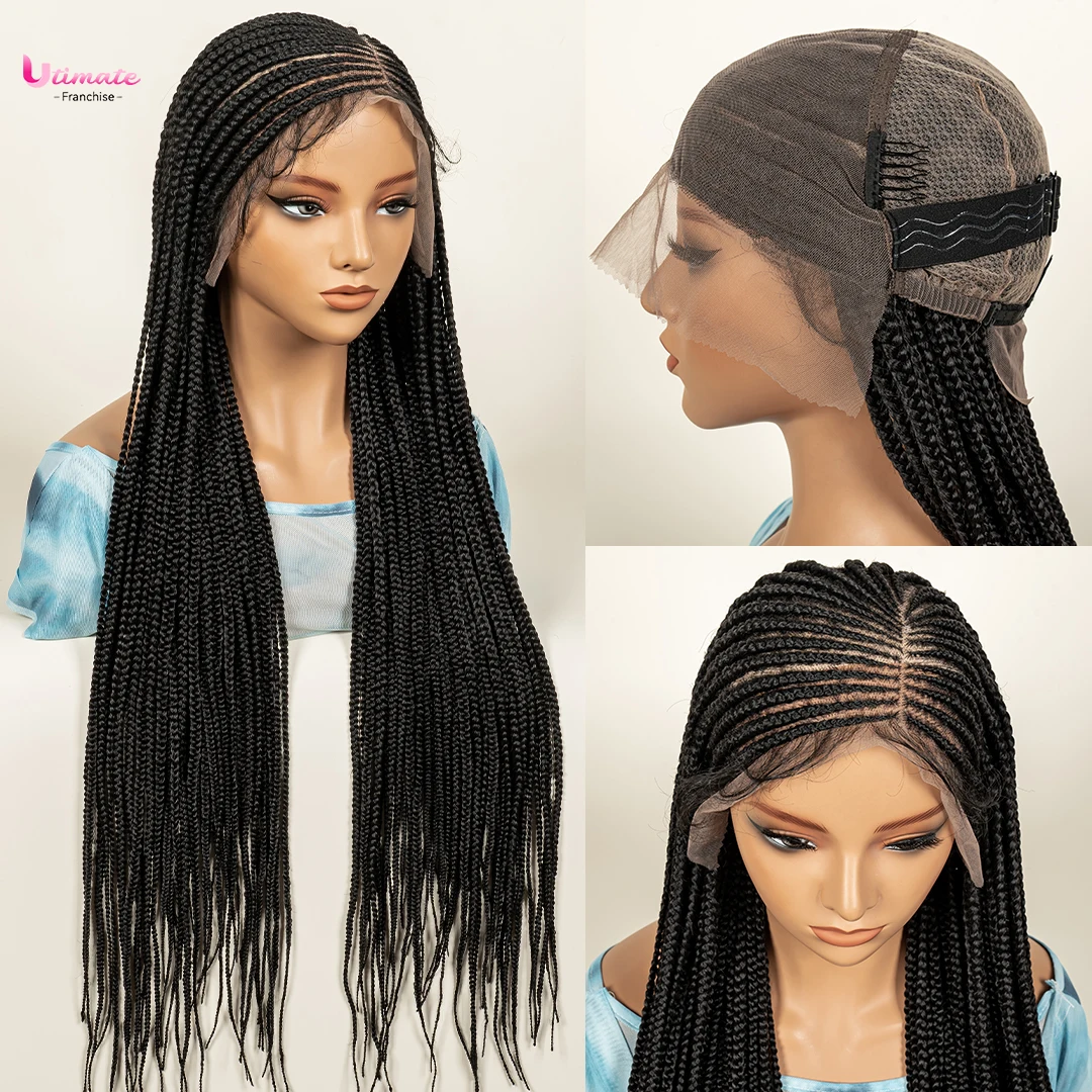 Fulani Braided Wigs Box Braids Wig for Women Full Lace 32 Inch Braiding Hair Lace Synthetic Wig with Baby Hair 1b Color