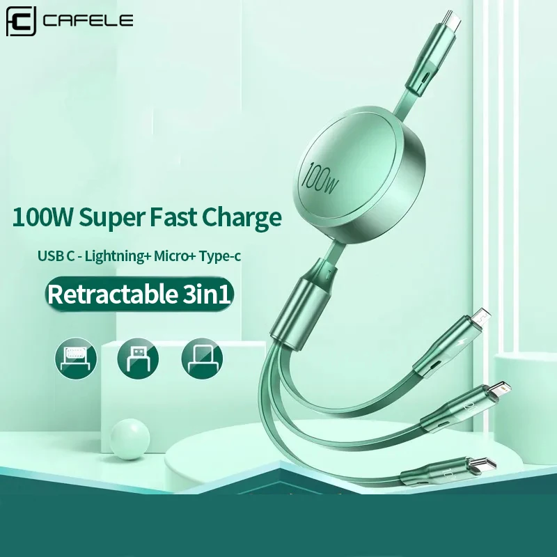 

CAFELE 100W Charging Cable 1.2M Retractable 3in1 USB C Cable Fast Charging Cable Type C For iPhone 15 Promax 14 13 Xiaomi Realm