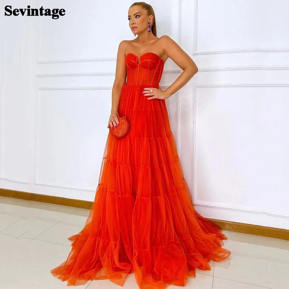 

Sevintage Chic Orange Tulle Prom Formal Gowns Pleats Sweetheart Women Evening Party Dresses Floor Length Special Club Outfits