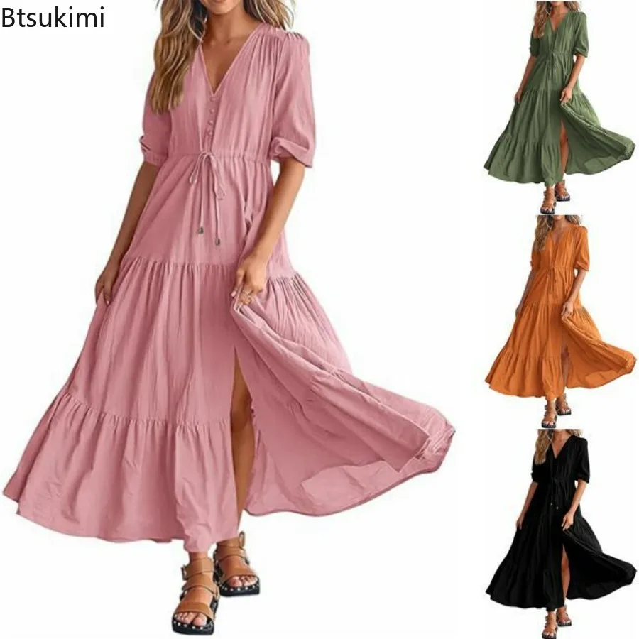 

2024 Women's Summer Casual Short Sleeve Dress Solid V Neck A-Line Ruched Sundresses For Girls Fashion Evening Party Club Dress