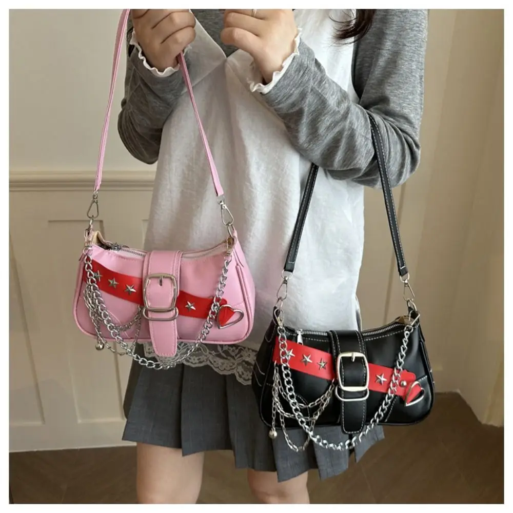 Simple Y2K Star Rivet Shoulder Bag Pu Leather Chain Retro Motorcycle Bag Korean Spicy Girl Underarm Bag Shopping